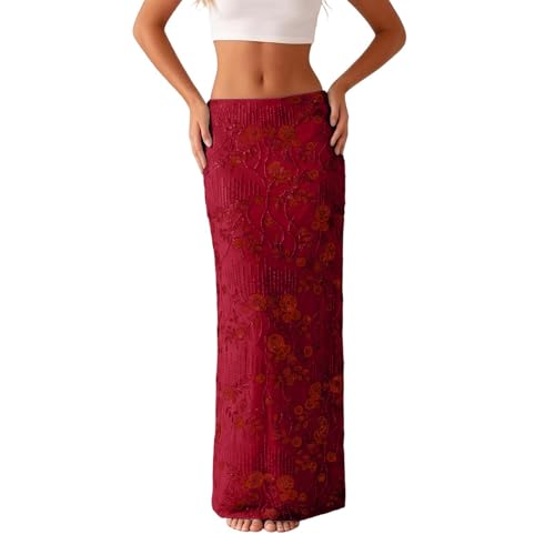 Jupe maxi Y2K strass fleurs paillettes taille haute coupe évasée midi