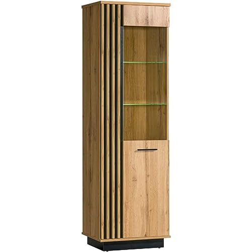 MINIO go for it - Vitrine Lamia 2 avec LED, 60x193,6x40 cm, Vitrines en Panneau Stratifié Massif, Étagères en Verre Trempé, Lattes Modernes, Chêne...