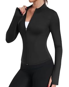 TNNZEET Sportjacke Damen Laufjacke Gym Tops Oberteil Yoga Langarm Sport Tshirt Fitness Trainingsjacke mit Daumenloch Reißverschluss, Schwarz, M