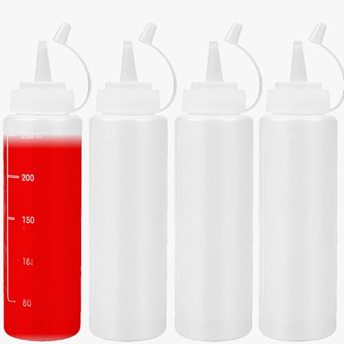 4 Pack Squeeze Bottle - 8oz / 250ML Plastic Squeezy Sauce Bottles with Cap Squeeze Condiment Bottle Dispensing Ketchup Bottle for Sauce for Ketchup BBQ Sauces Syrup Dressings