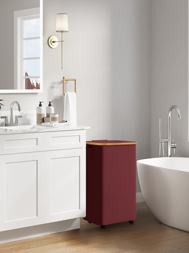Image of efluky Laundry Basket with Wheels, Tall Rolling Laundry Hamper with Lid and Removable Bag, Aesthetic Dirty Clothes Hamper on Wheels for Laundry Room, Bedroom, Dorm and Bathroom, 100L Rose Red
