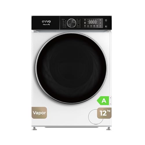 EVVO Lavadora Carga Frontal NATURE R - Capacidad de 12 Kg, Motor Inverter eDRIVE, 1400 RPM, Eficiencia Energética A, Vapor Antialergias, Auto Limpieza, Tambor ePROTECT, Pantalla Táctil, Color Blanco