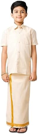 Boys Traditional Half Sleeve Shirt and Sticker Dhoti Set, Tissue Cotton, Gold & Copper Jari Border