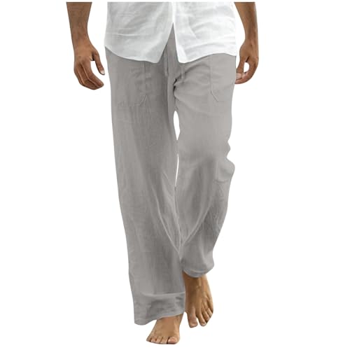 Cambkatl Men’s Straight Linen Pants Casual Elastic Waist Drawstring Lightweight Beach Vacation Trousers with Pockets