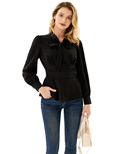 GRACE KARIN Women's 2025 Long Sleeve Peplum Dressy Shirt Office Bow Tie Work Blouses Tops Smocked Waist2