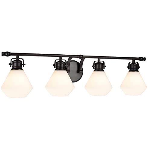 Image of Aspen Creative 62092, Four-Light Metal Bathroom Vanity Wall Light Fixture, 32 inch Wide, Transitional Design in Bronze with Opal Glass Shade