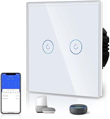 BSEED Smart Light Switch,WiFi Touch Glass Switch for 2.4G Network,Works with Alexa & Google Home,Remote Control & Timer,Night Glow Indicator,Neutral Wire Required,2 Gang 1 Way,86mm White