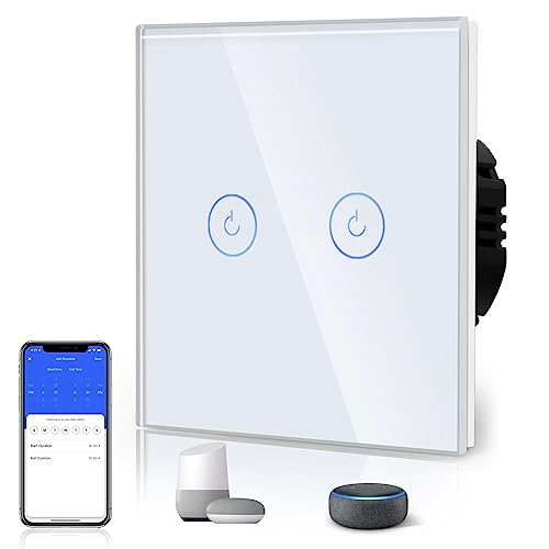 BSEED Interruptor de Sensor Táctil WIFI Inteligente (Se Requiere Línea Neutra) Alexa y Google Home Work con Tuya Para Interruptores de Luz de Pared con Placa de Cristal Negro 2 Gang 1 Vía Blanco