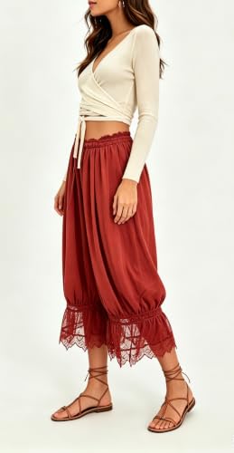 Image of UAURORAO Women Lace Trim Bloomer Pants Flowy Culottes Pantaloons Bloomers