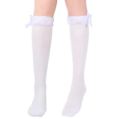 JIEYAO White Knee High Socks with Bow, Women Lace Ruffle Bow Princess Over The Knee Tube Stockings Soft Cotton Cute High Socks