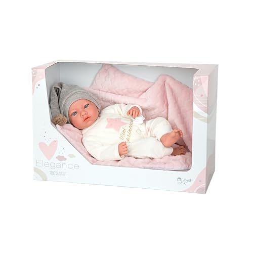 ARIAS - Muñeca Elegance Aria, muñeco de Peso 2.5 kg, bebé Realista de 40 cm con Pijama y caperuza, Manta Rosa y Chupete, Cuerpo Blando y extremidades de Vinyl, niños de Cualquier Edad, (ARI60752)
