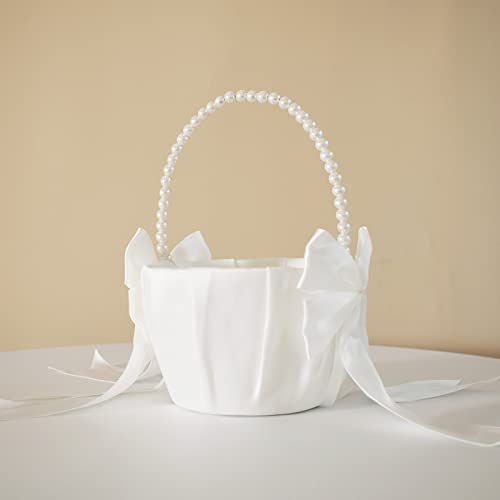 ATAILOVE Wedding Flower Girl Baskets with Cute Pearl Handle Bowknot Satin Flower Baskets for Wedding Ceremony - Ivory