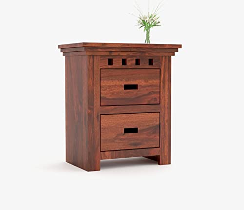 Image of WOODLAB Solid Sheesham Wood Bedside End Table with 2 Drawer Storage for Bedroom Wooden Nightstand Table Home Office (Kuber Honey Finish)
