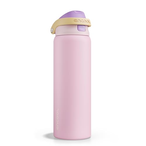 Image of ENCOOL Leakproof Insulated Water Bottle with Straw Dual-Sip Water Bottle Bag-Safe Design for Work, Commute & Gym - Keeps Drinks Cold All Day, 32 oz, Peach Purple