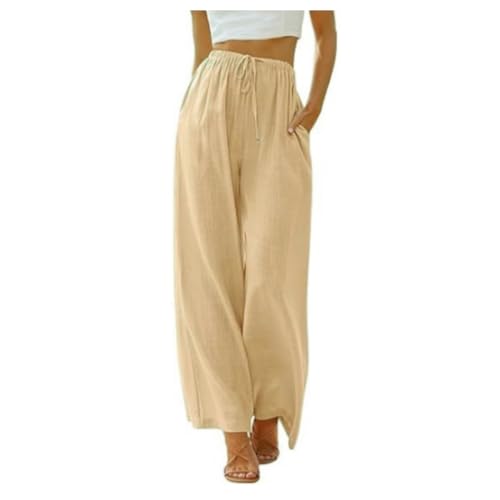Womens Cotton Linen Summer Palazzo Pants Flowy Drawstring Elastic Waist Casual Wide Leg Beach Trousers with Pockets