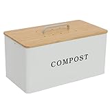 ayacatz Cubo de Basura de Metal ecológico pequeño 7 L con Tapa Madera para Cocina,Cubo de Basura para encimera y Armario Inferior,compostador,Recipiente Rectangular con Filtro de carbón-Blanco