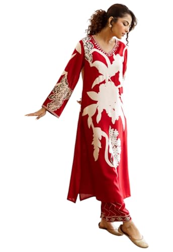 Ensemble kurta avec pantalon pour femme rouge pour un confort sans pli toute la journée
