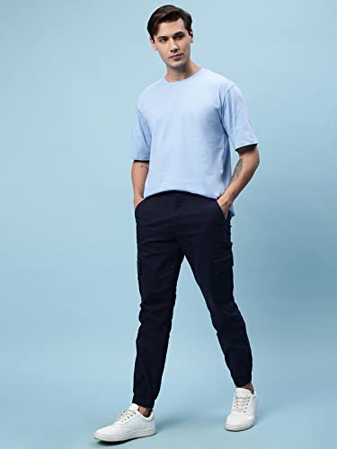 Image of Veirdo Cotton Spandex Non-Elasticated Mid Rise Navy Blue Ankle Length Joggers for Men (VJR0223NYCT016)
