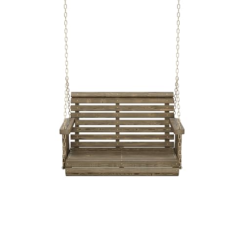 Image of Amish Casual Heavy Duty 700 Lb Capacity Porch Swing (3 Foot, Dark Walnut Stain) - Wooden Outdoor Roll Back Swing with Hanging Chains - Amish Made in the USA