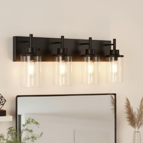 Image of Vanity Light Fixtures, Matte Black Bathroom Light Fixtures Over Mirror, Modern Wall Sconces Lamp with Clear Glass Shade (4 Light)