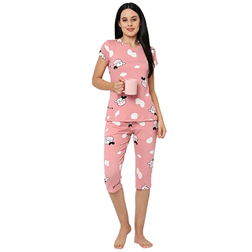 Image of Sweet Dreams Women Printed Round Neck Half Sleeve Poly Brush Top & Capri Set