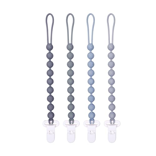 Image of 4 Pcs Gray Baby Silicone Teething Pacifier Clip,One-piece Design,Round Shape,Textured Surface,BPA Free.