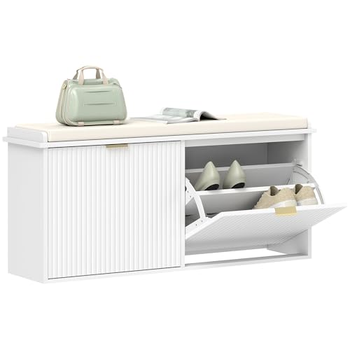 HOMCOM Banc à Chaussures Meuble à Chaussures avec Coussin d'assise rembourré et tiroir Rabattable, Banc d'entrée pour Couloir, Chambre, 104 x 26 x 47,5 cm,...