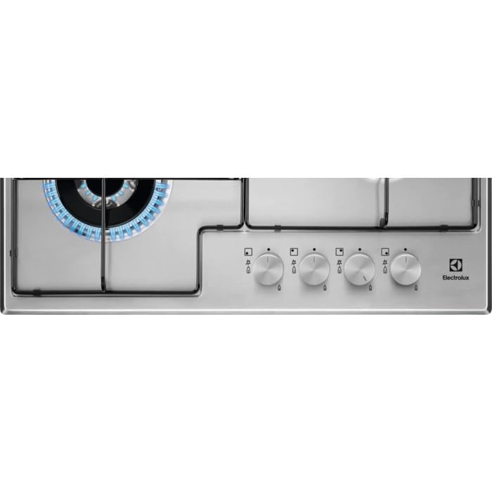 Electrolux Cocina de gas 60 cm Serie 300 Slim Line 4 fuegos acero inoxidable Quemador WOK multicorona SicurGas pomos inoxidable parrillas esmaltadas, EGS6434X2