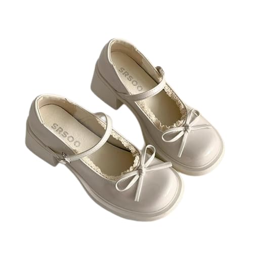 ZQW Women's Kawaii Lolita Y2K Retro Leather Mid Block Heel Mary Jane Shoes with Bow Round Toe Lace Platform Chunky Pumps