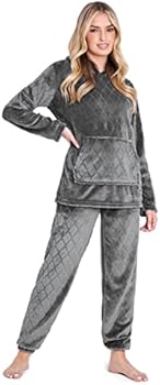 CheChury dames pyjama set, knus winter fleece, warm huispak, elegant, schattige pluche slaapkleding, donzig, vrijetijdskleding, thermo thermokleding, tweedelig ensemble, langarm nachtkleding