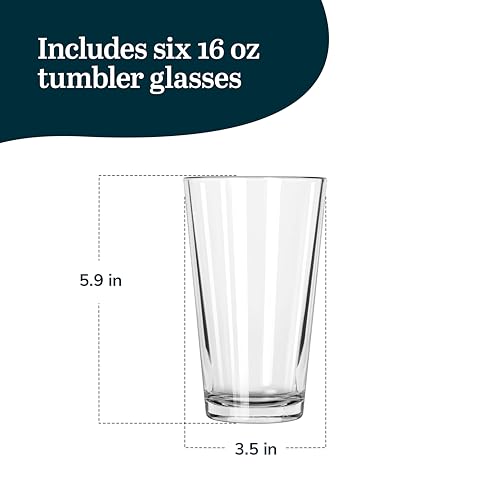 Image of Libbey Bar Essentials Tumbler Glasses Set of 6, Modern Style 16 Oz Glass Set, Dishwasher Safe Tall Drinking Glasses Set for Wine, Beer, and Cocktail