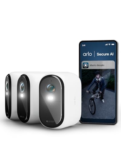 Arlo Essential 3 XL Telecamera WiFi Esterno Senza Fili, 2K, Telecamera WiFi Interno, Batteria Da 24 Mesi*, Sirena Allarme Casa, Sensore Di Movimento, Prova Inclusa Secure, 3 Telecamere, Bianche