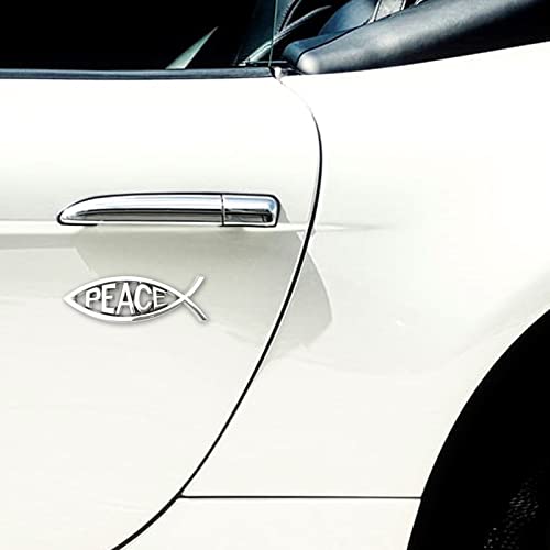 Image of Jesus Fish Christian Car Decals - Chrome Sliver Fish Emblem for Car Truck Badge Bumper Stickers (Peace)