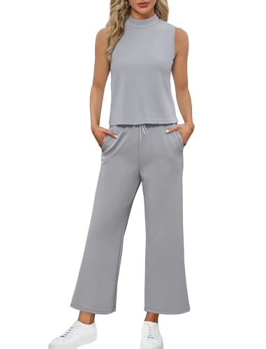 Image of SAMPEEL Two Piece Sets for Women Summer Outfits Lounge Sets Mock Neck Tops Wide Leg Crop Pants Vacation Travel Outfits