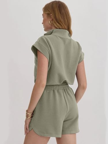 Image of Rompers for Women Summer Short Sleeve Half Zip Lapel Collar Jumpsuit Casual Drawstring One Piece Outfits with Pockets