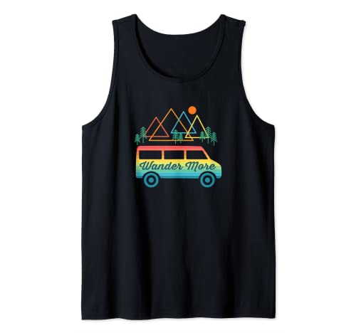 Furgoneta Cámper Acampar Retro Vintage Sol Montañas RV Camiseta sin Mangas