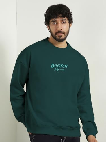 Image of Nobero Men's Graphic Printed Oversized Sweatshirt | Cotton Rich Fleece Round Neck Pullover | Relaxed Fit Casual Winter Wear for Men