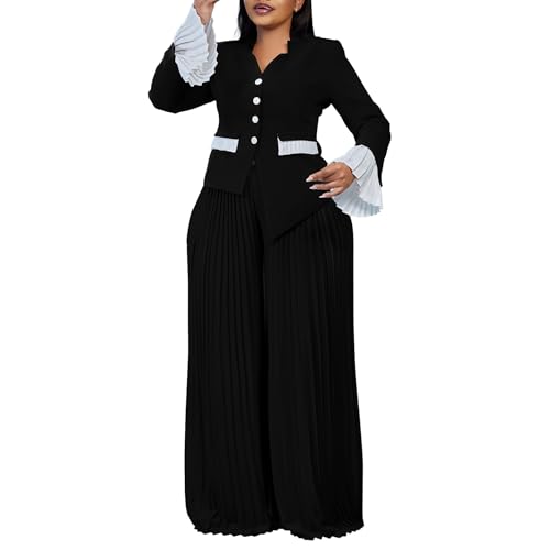 Women's Suits Two Piece Sets Dressy Irregular V Neck Blazer Jacket and Chiffon Baggy Pants Elegant Business Outfits