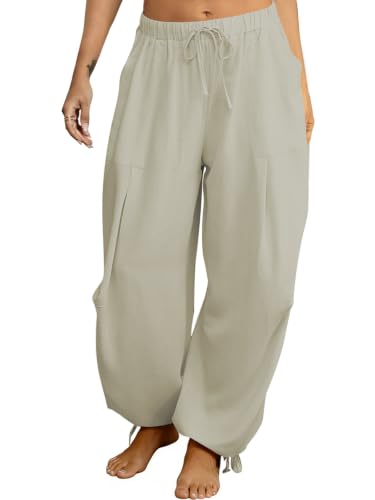 Image of Women's Linen Balloon Barrel Beach Pants Boho Harem Flowy Drawstring Casual Loose Pants with Pockets