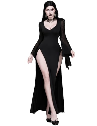 LANSHULAN Women Gothic Sexy V-Neck High Slit Mesh Bat Sleeve Halloween Goth Witch Dress Without Corset & Belt Black