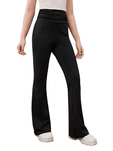 Image of Milumia Teen Girl's Basic Elastic High Waisted Flare Leg Solid Stretchy Pants Ruched Black 10-11Y