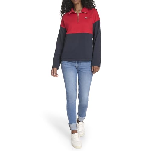 Tommy Hilfiger Women's 1/4 Zip Mockneck Colorblock Fleece Sweatshirt, Scarlet/ Sky Captain, Large