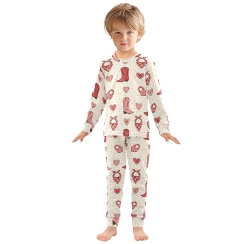 Pajama Sets Long Sleeve Cowboy Boots Hearts Pattern Soft Comfy Sleepwear 2 Piece PJS 3-8T2