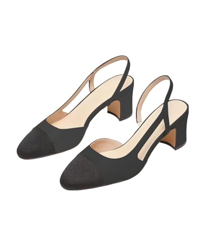 JANSEVEN Slingback Shoes For Women Heels Chunky Pumps Block Heel Two Straps Heeled Sandals Almond Cap Toe Pump Splicing Two Tone Dress Office Shoes