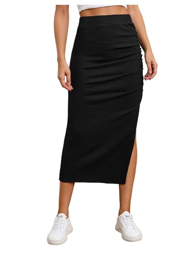 SOLY HUX Women's High Waisted Ruched Split Skirt Bodycon Pencil Going Out Long Skirts