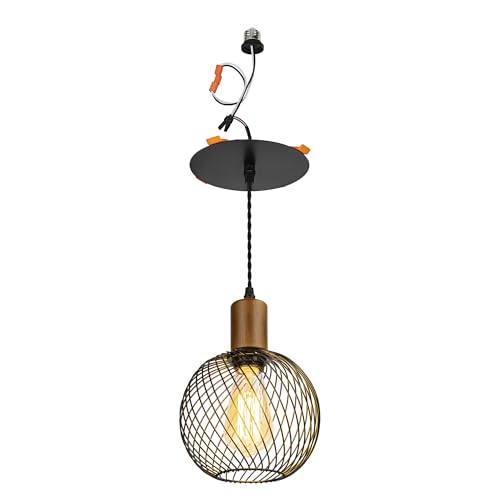 KAYYELAMP 1 Light Black Metal Globe Hollow Shade Walnut Base Recessed Light Conversion Kit for E26 Recessed Mount Cans Pendant Vintage Design Ideal for Kitchen Bedroom Office