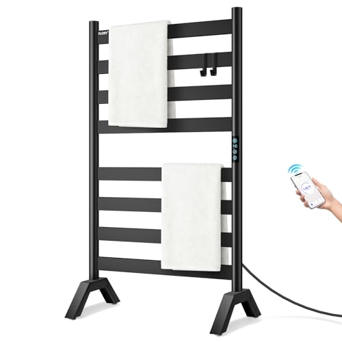 R FLORY Heated Towel Racks for Bathroom Freestanding & Wall Mounted WiFi-Enable Electric Towel Warmer Rack Extra-Wide Heating Area Fast Heating with Timer & Temperature Control 8 Bars Matte Black