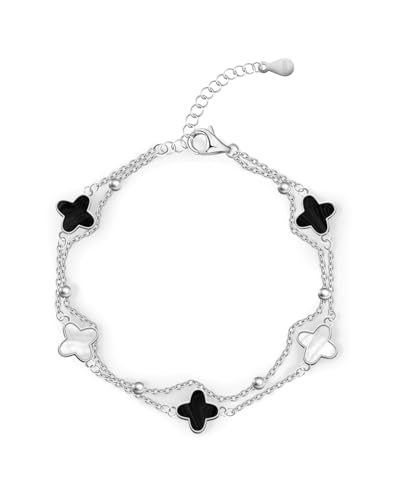 Sterling Silver 4-leaf clover Charm Bracelet with Adjustable Agate Links, Gift for Women, Girls, Rose Gold Peacock Green