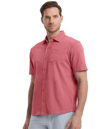 M MAELREG Mens Button Down Short Sleeve Shirt Lightweight Pique Collared Shirts for Men Summer Shirts with Pocket Rose — view 2