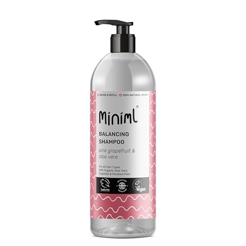 Miniml Natural Hair Shampoo Eco Friendly 1L Bottle Pink Grapefruit and Aloe Vera Men and Womens Sensitive Scalp and Skin Cruelty Free Vegan Shampoo - For Greasy Curly Dry and Dandruff Hair